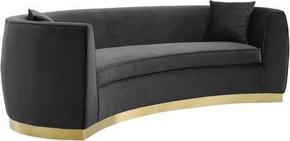 Modway Resolute Retro Modern Curved Back Upholstered Velvet with Two Throw Pillows, Sofa, Black