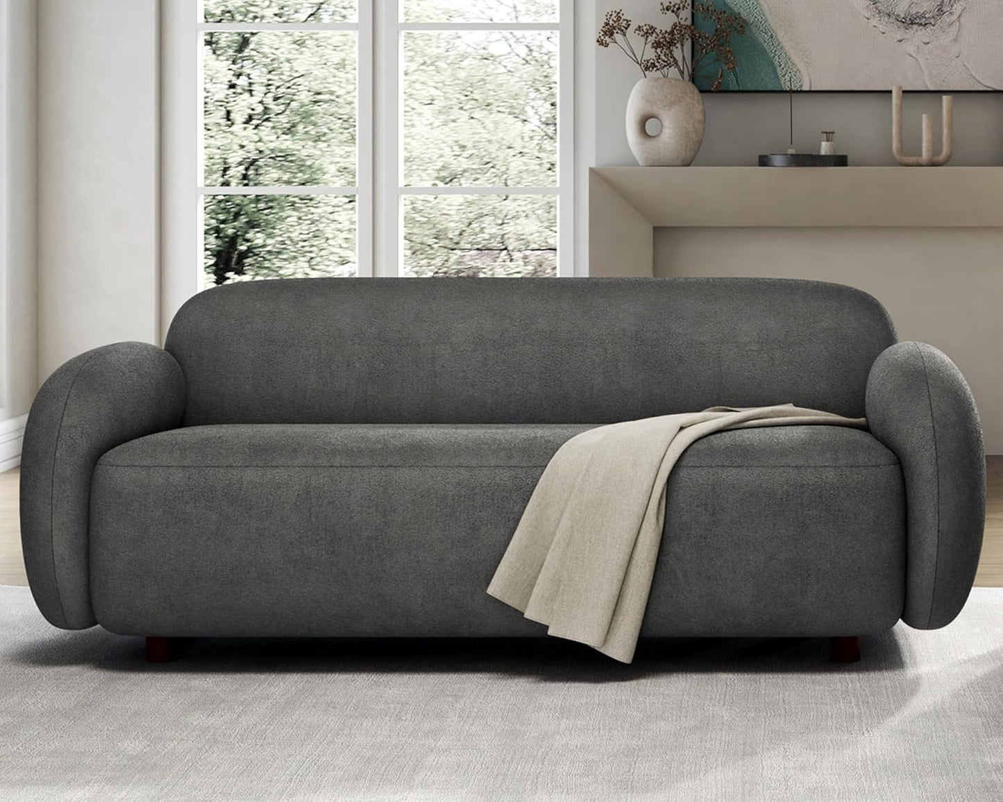 3 Seater Sofa, Modern Couch with Soft Boucle Upholstered, Comfy Cloud Sofa Couch for Living Room Home Office Sherpa Grey Curved Couch