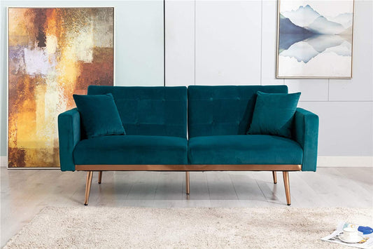 SZLIZCCC 63" Accent Sofa, Mid Century Modern Velvet Fabric Couch， Convertible Futon Sofa Bed ，Recliner Couch Accent Sofa Loveseat Sofa with Gold Metal Feet (Teal)