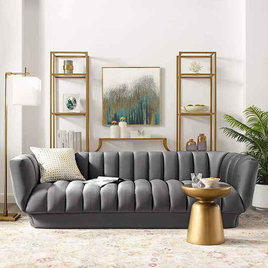 Sofa Entertain Vertical Channel Tufted Performance Velvet Couch in Gray