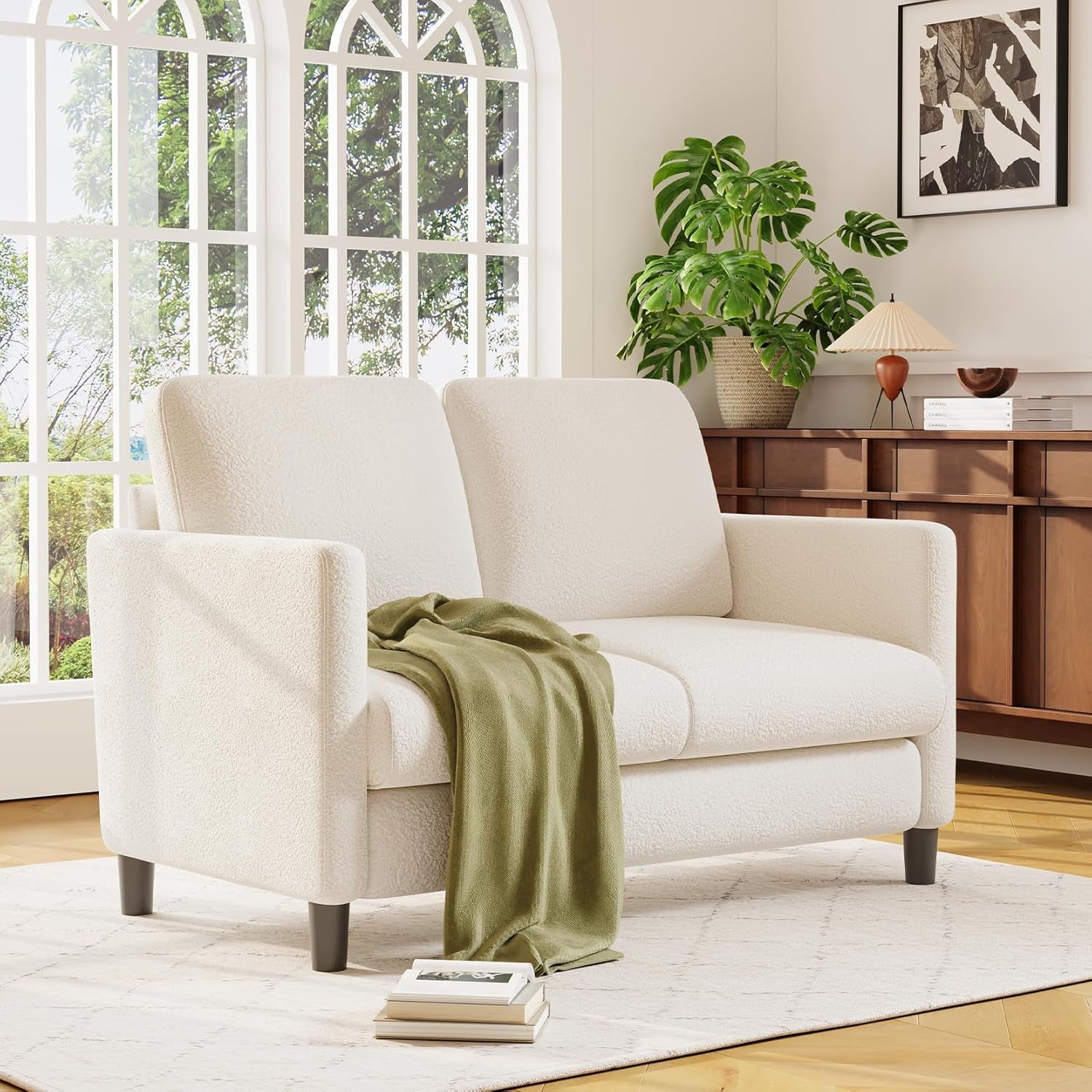 Loveseat Sofa, 51" Small Sofa Couch for Bedroom, Comfy Teddy Love Seat, Tool-Free Setup Sofas for Living Room, All-Wood Small Couches for Small Spaces, Small Couch No Pillow Include, Beige