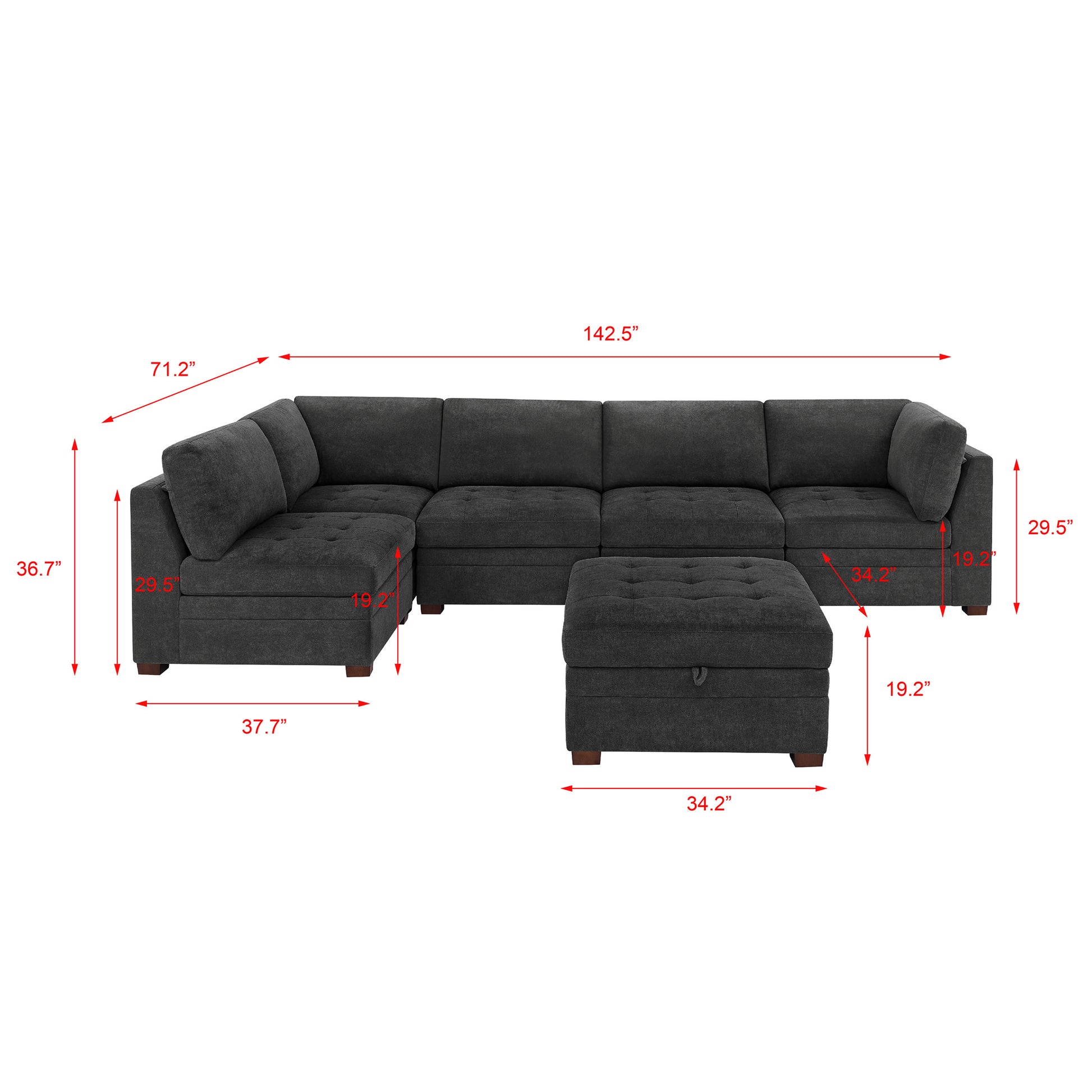 Tisdale Modular Sectional 6-Piece Dark Gray with Storage Ottoman