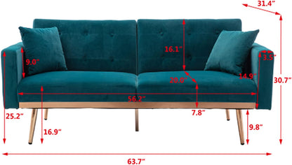 SZLIZCCC 63" Accent Sofa, Mid Century Modern Velvet Fabric Couch， Convertible Futon Sofa Bed ，Recliner Couch Accent Sofa Loveseat Sofa with Gold Metal Feet (Teal)