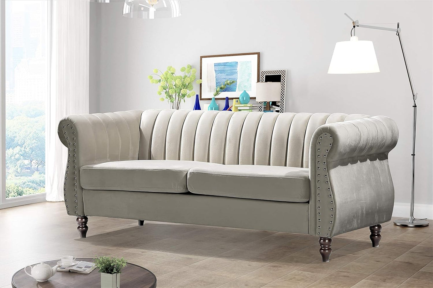 Quinones Modern Chesterfield Couch with Elegant Rolled Arms, Nailhead Trim & Channel Tufting, Sofa and Loveseat Set, Cream