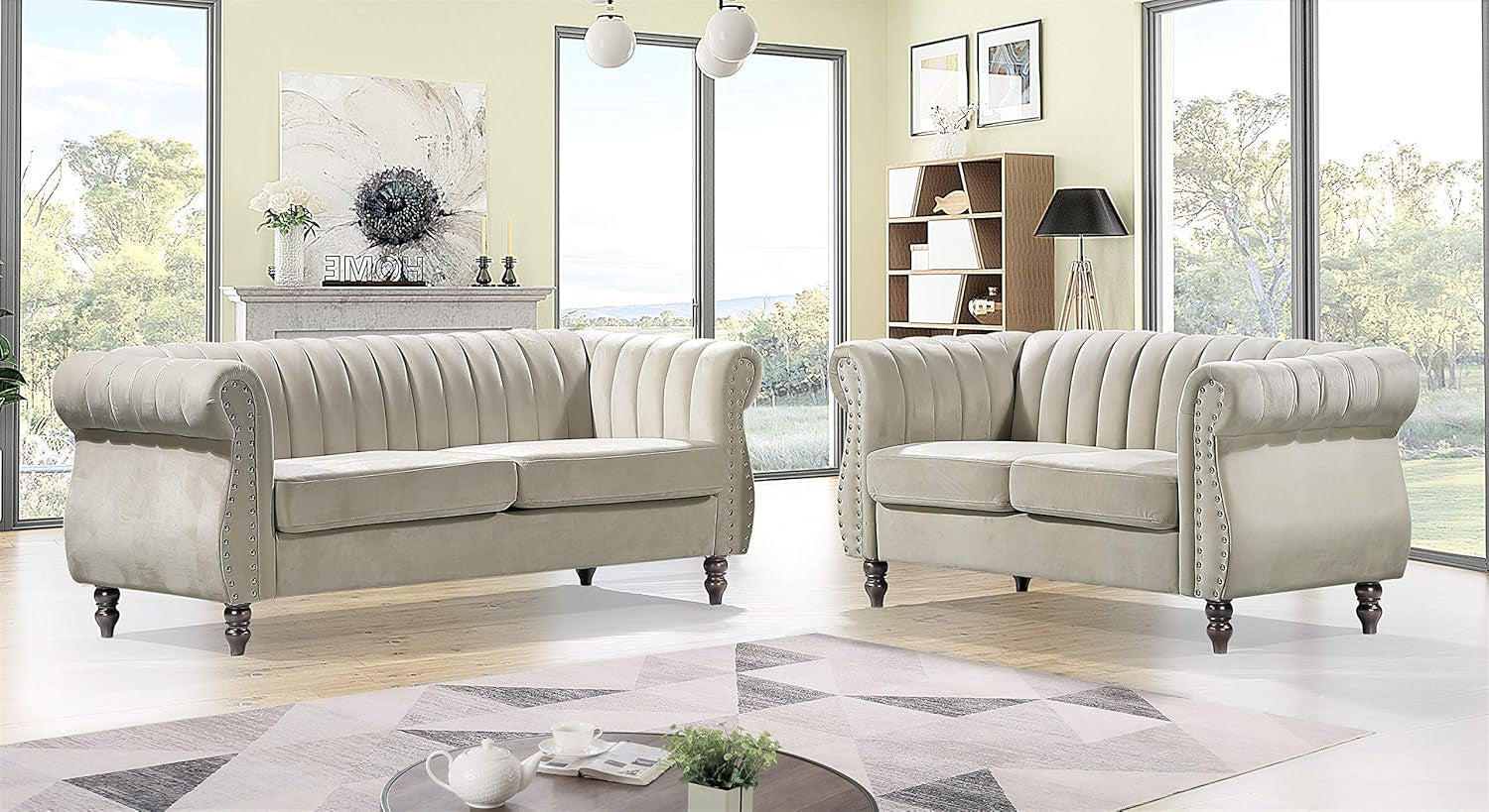 Quinones Modern Chesterfield Couch with Elegant Rolled Arms, Nailhead Trim & Channel Tufting, Sofa and Loveseat Set, Cream