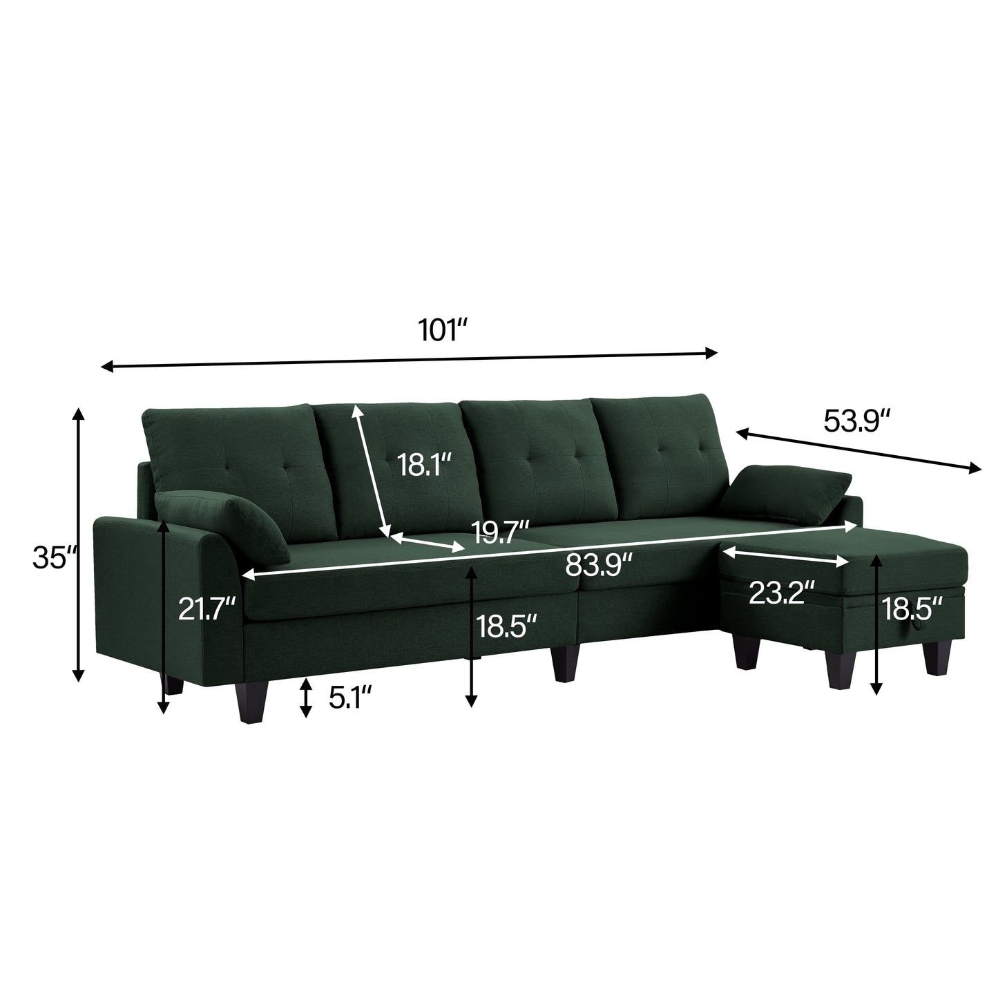 Modern Sectional Sofa Couch with Reversible Chaise L Shaped Couch 4-Seat Convertible Sofa for Living Room Green