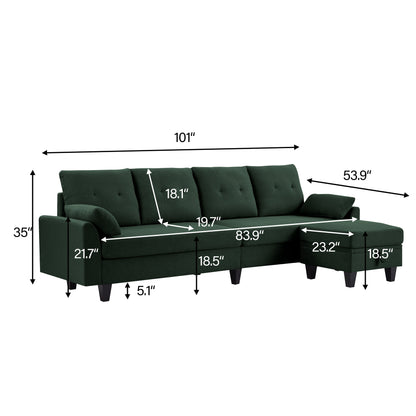 Modern Sectional Sofa Couch with Reversible Chaise L Shaped Couch 4-Seat Convertible Sofa for Living Room Green