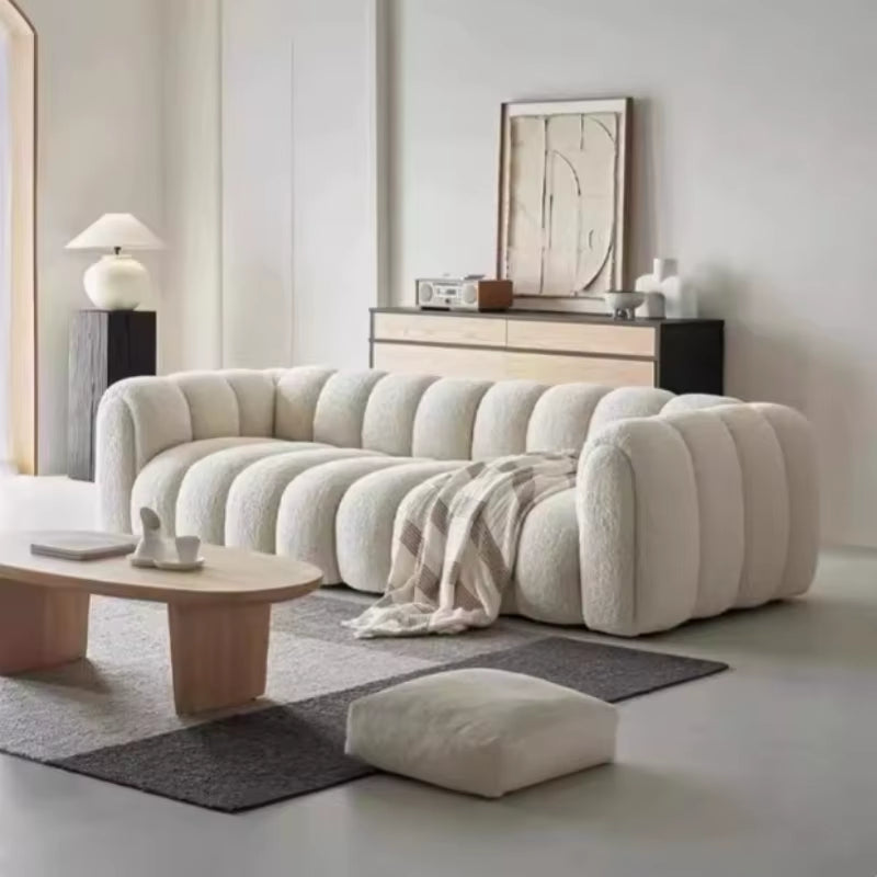 French Minimalist Small-Sized Cream Style Pumpkin Sofa, Lamb Wool Cotton Candy Cloud Living Room Sofa