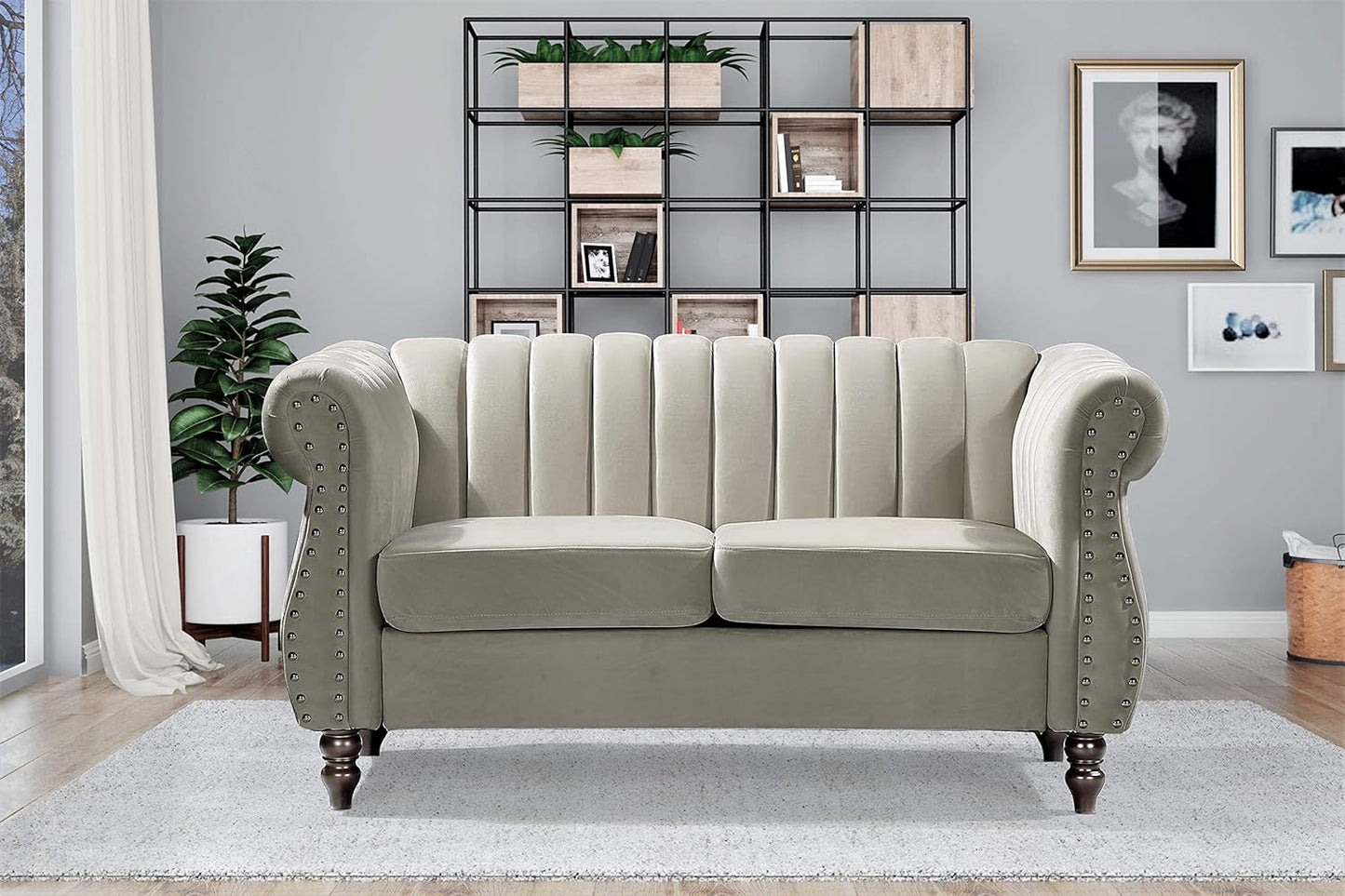 Quinones Modern Chesterfield Couch with Elegant Rolled Arms, Nailhead Trim & Channel Tufting, Sofa and Loveseat Set, Cream