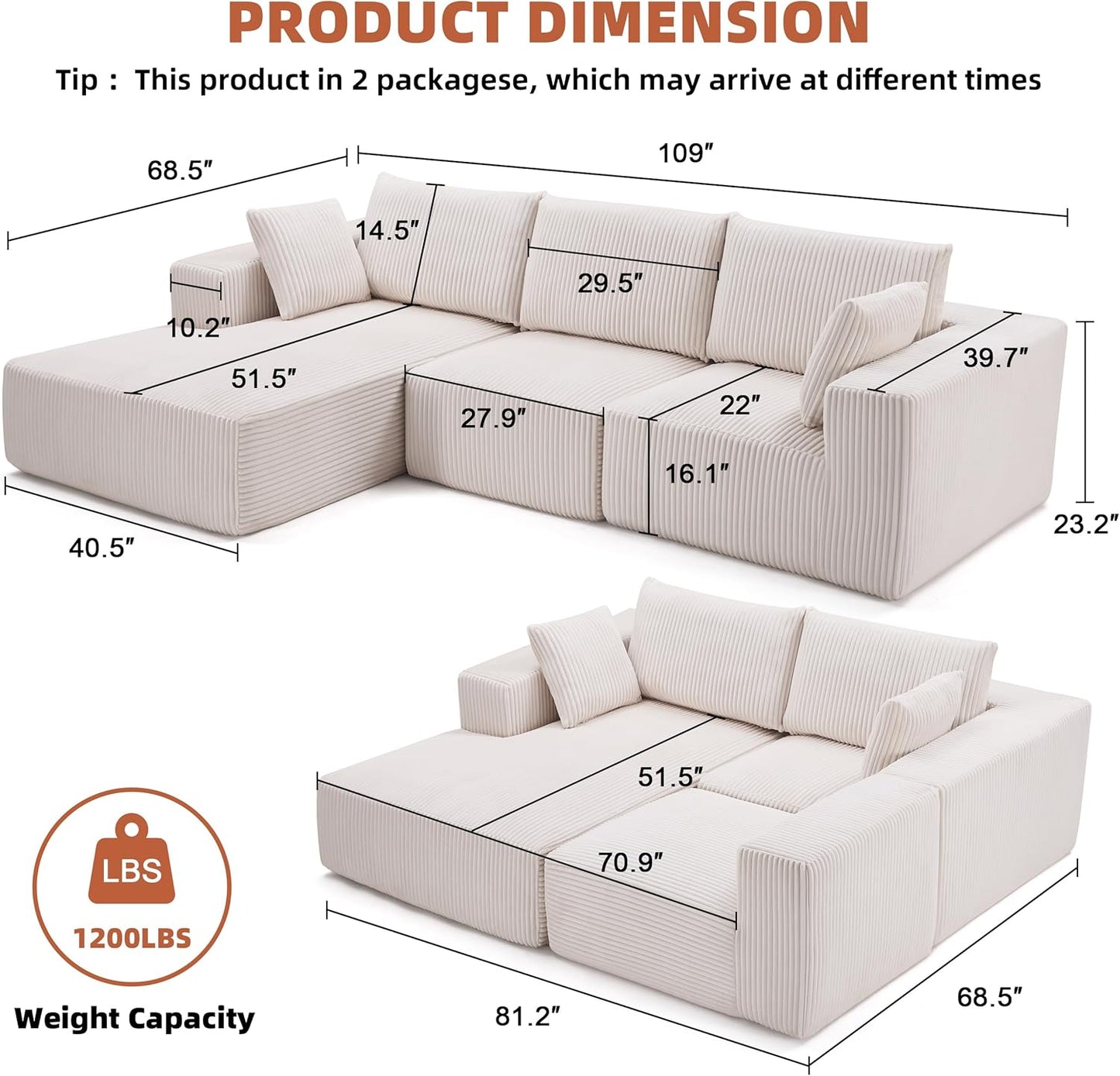 108” Modular Sectional Sofa, Cloud Sectional Couch with Deep Seat, Modern Modular L-Shape Sofa Couch with Chaise,Upholstered Couches for Living Room Bedroom (Corduroy, Beige)