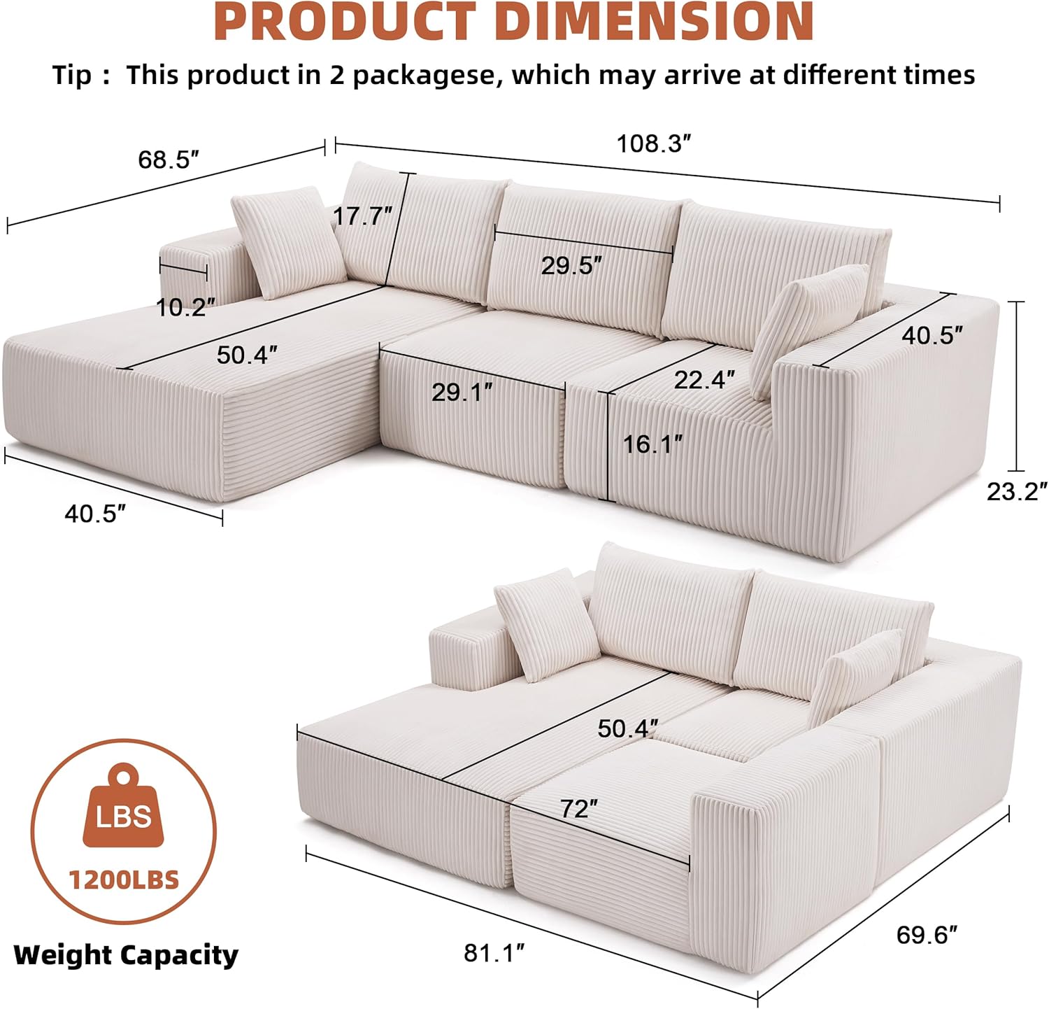 108” Modular Sectional Sofa, Cloud Sectional Couch with Deep Seat, Modern Modular L-Shape Sofa Couch with Chaise,Upholstered Couches for Living Room Bedroom (Corduroy, Beige)