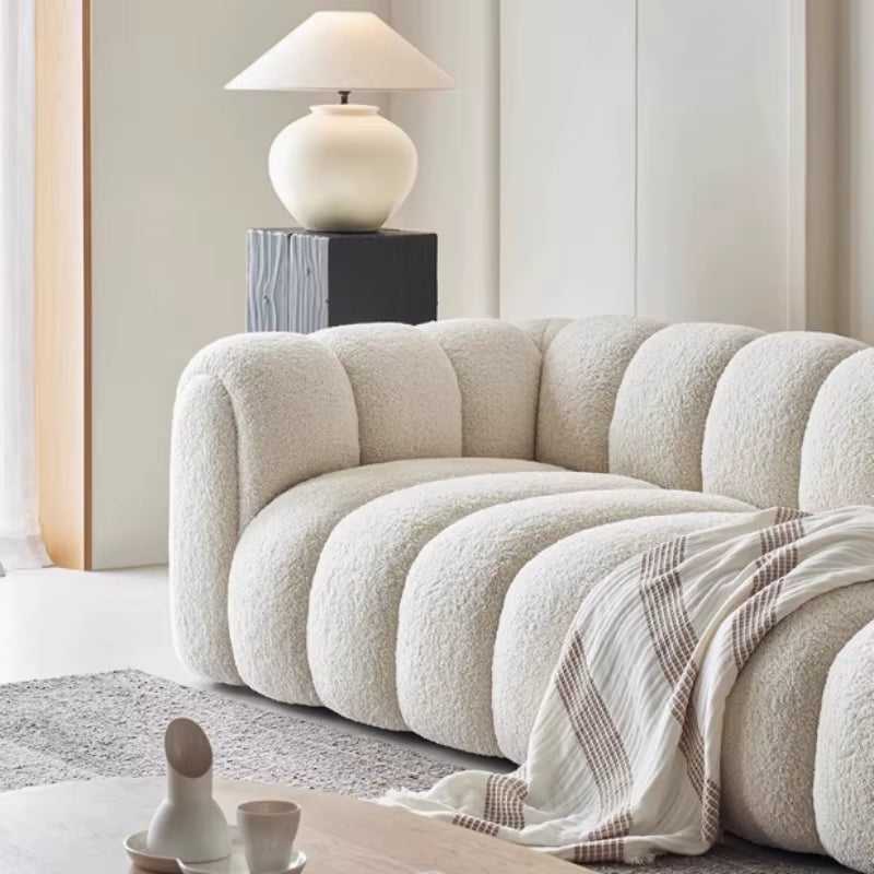 French Minimalist Small-Sized Cream Style Pumpkin Sofa, Lamb Wool Cotton Candy Cloud Living Room Sofa