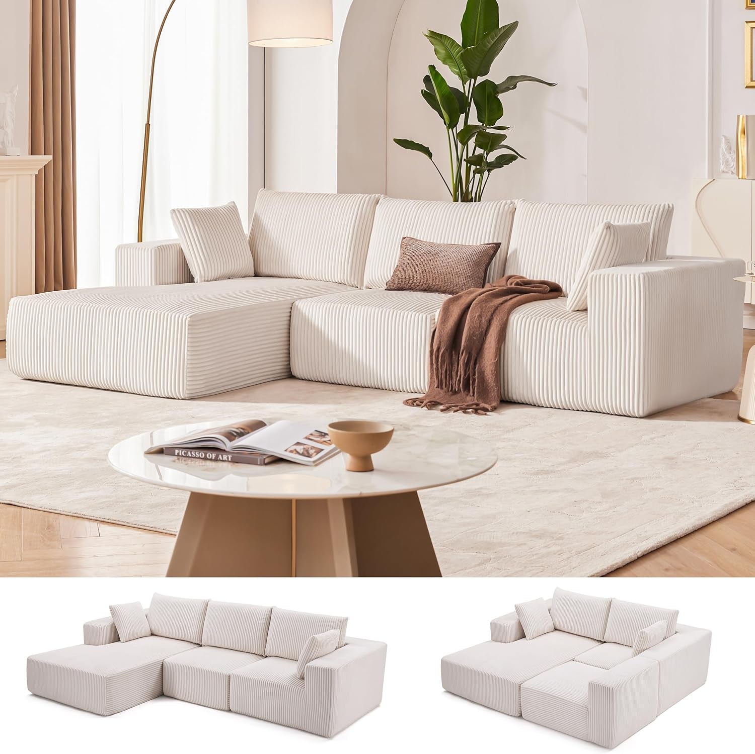 108” Modular Sectional Sofa, Cloud Sectional Couch with Deep Seat, Modern Modular L-Shape Sofa Couch with Chaise,Upholstered Couches for Living Room Bedroom (Corduroy, Beige)