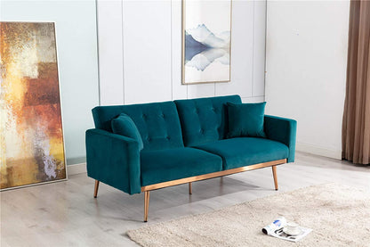 SZLIZCCC 63" Accent Sofa, Mid Century Modern Velvet Fabric Couch， Convertible Futon Sofa Bed ，Recliner Couch Accent Sofa Loveseat Sofa with Gold Metal Feet (Teal)