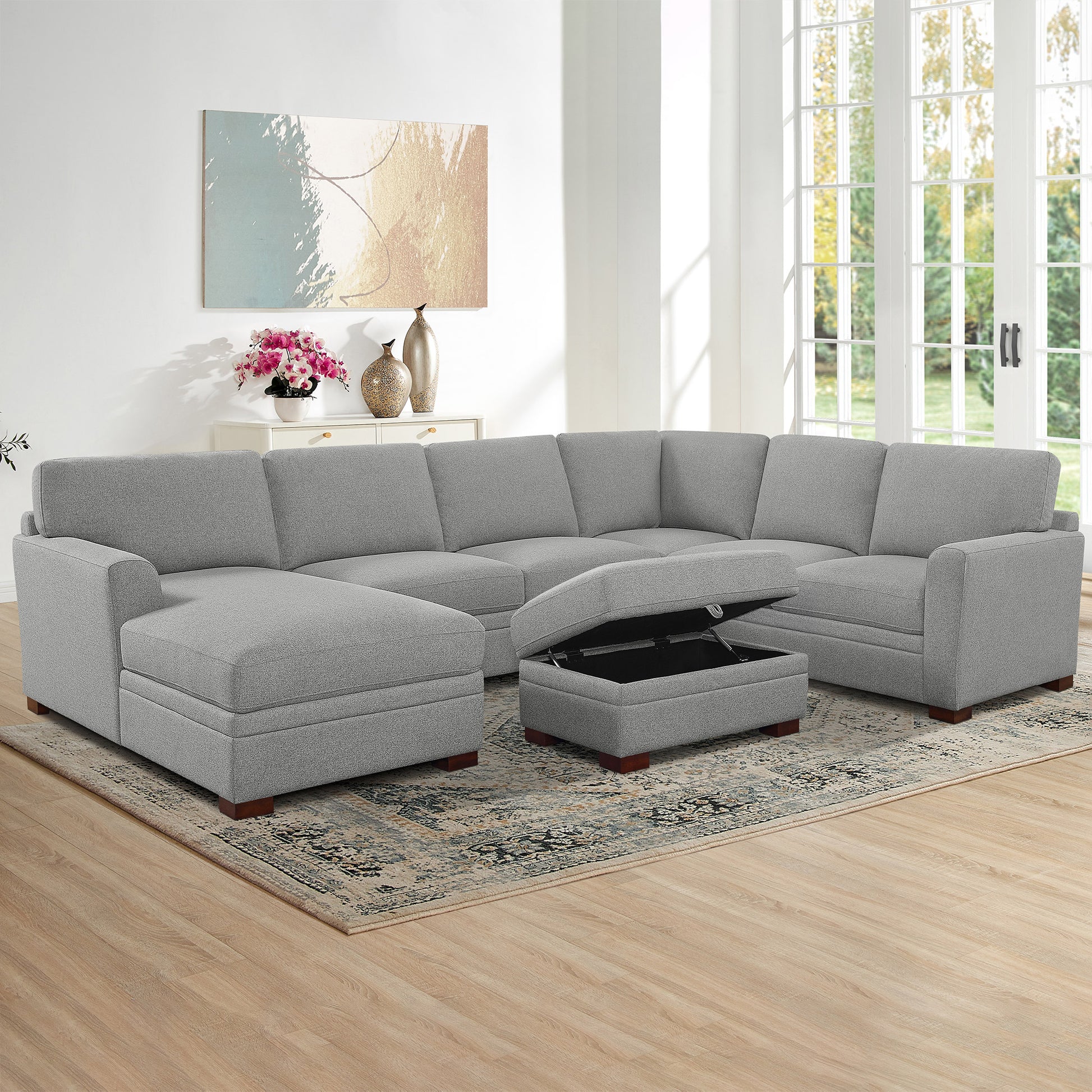 Langdon Fabric Sectional with Chaise and Storage Ottoman, Gray