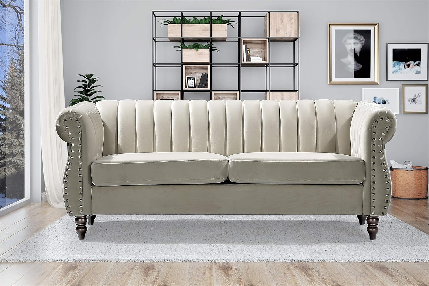 Quinones Modern Chesterfield Couch with Elegant Rolled Arms, Nailhead Trim & Channel Tufting, Sofa and Loveseat Set, Cream