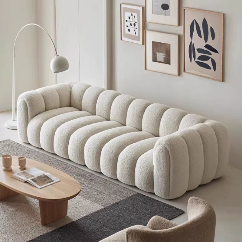 French Minimalist Small-Sized Cream Style Pumpkin Sofa, Lamb Wool Cotton Candy Cloud Living Room Sofa