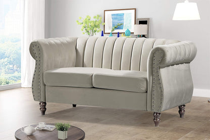 Quinones Modern Chesterfield Couch with Elegant Rolled Arms, Nailhead Trim & Channel Tufting, Sofa and Loveseat Set, Cream